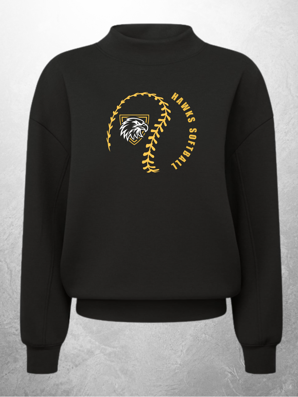 Hawks Softball swirl design on black mock neck sweatshirt