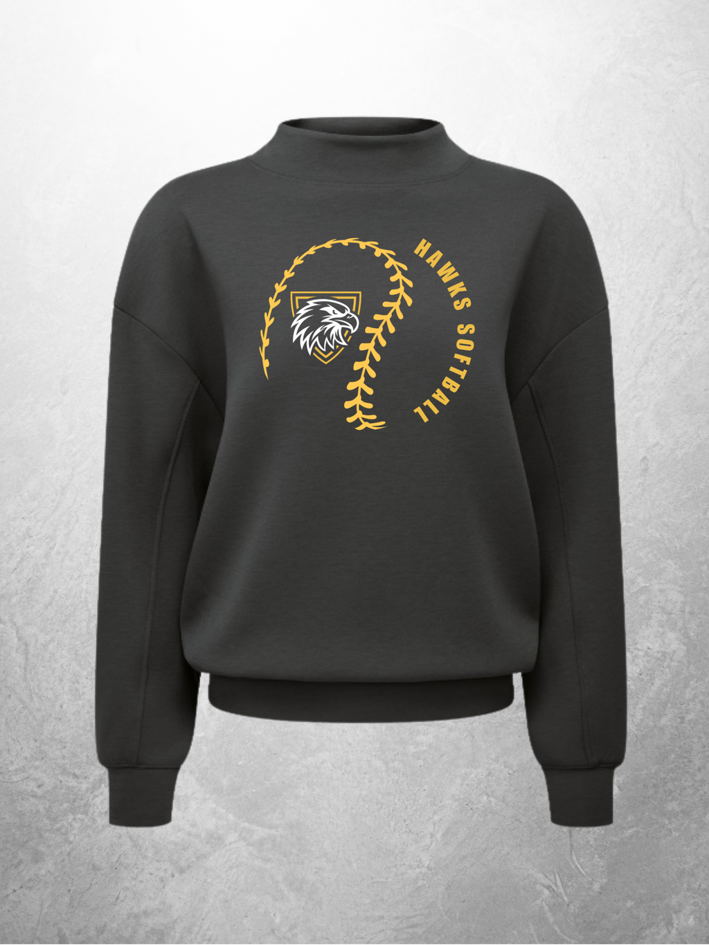 Hawks Softball swirl design on charcoal mock neck sweatshirt
