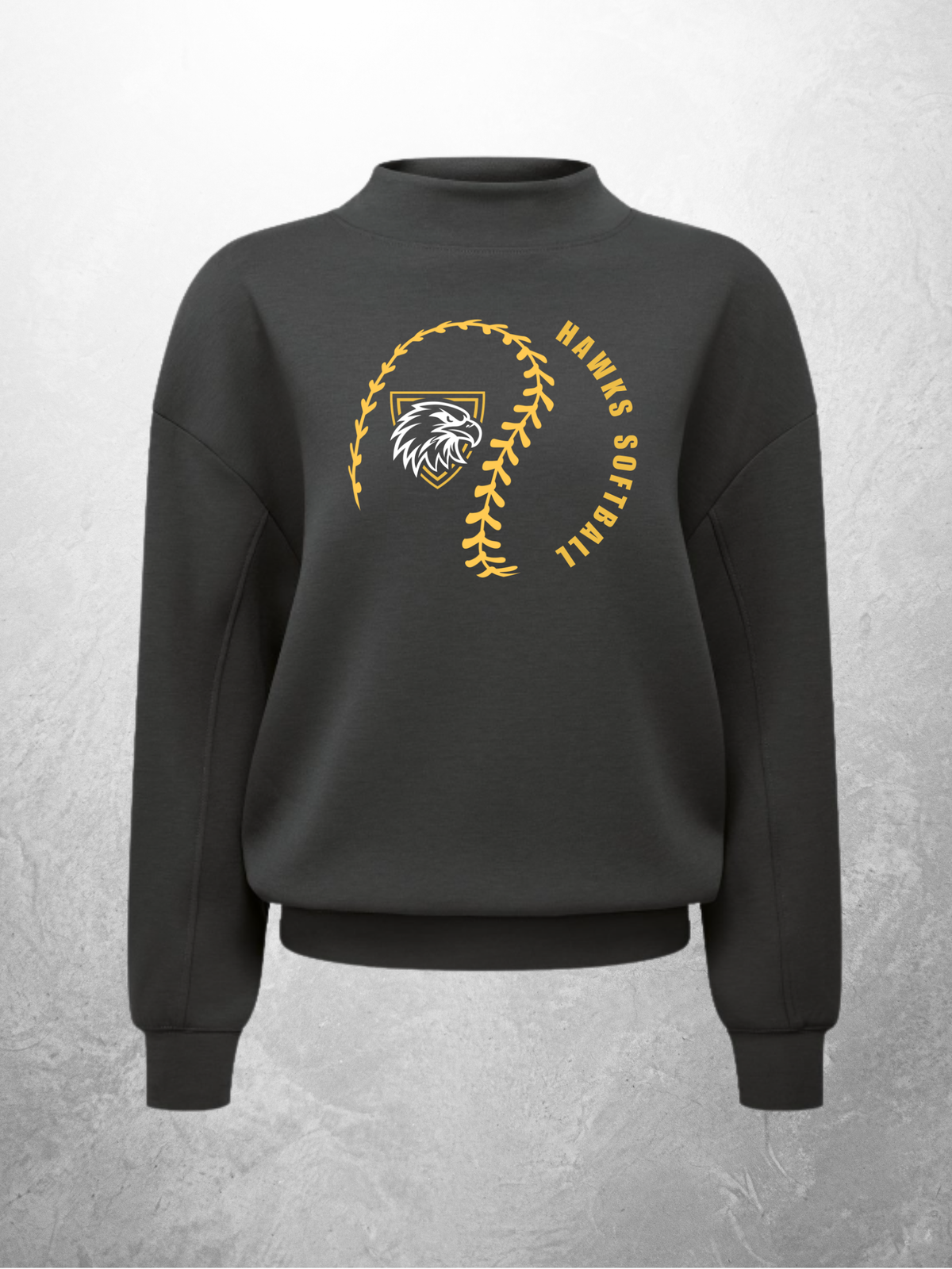 Hawks Softball swirl design on charcoal mock neck sweatshirt