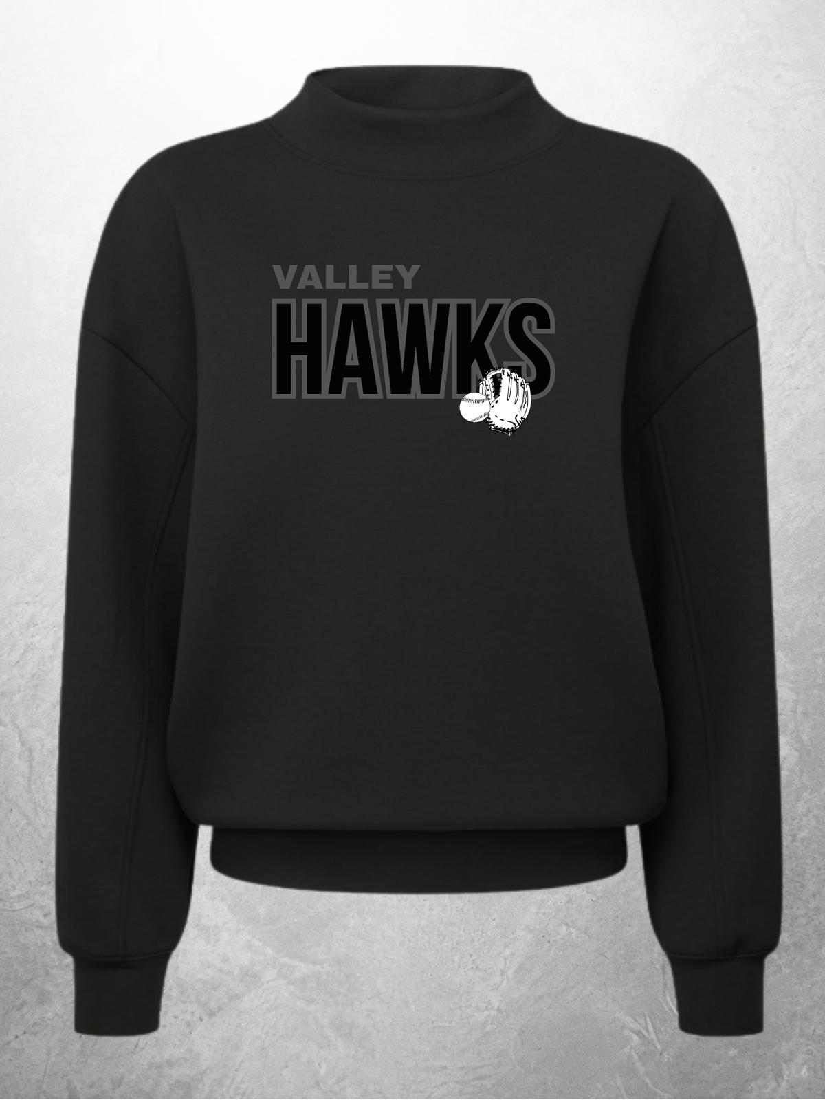 Valley Hawks logo design on black mock neck sweatshirt