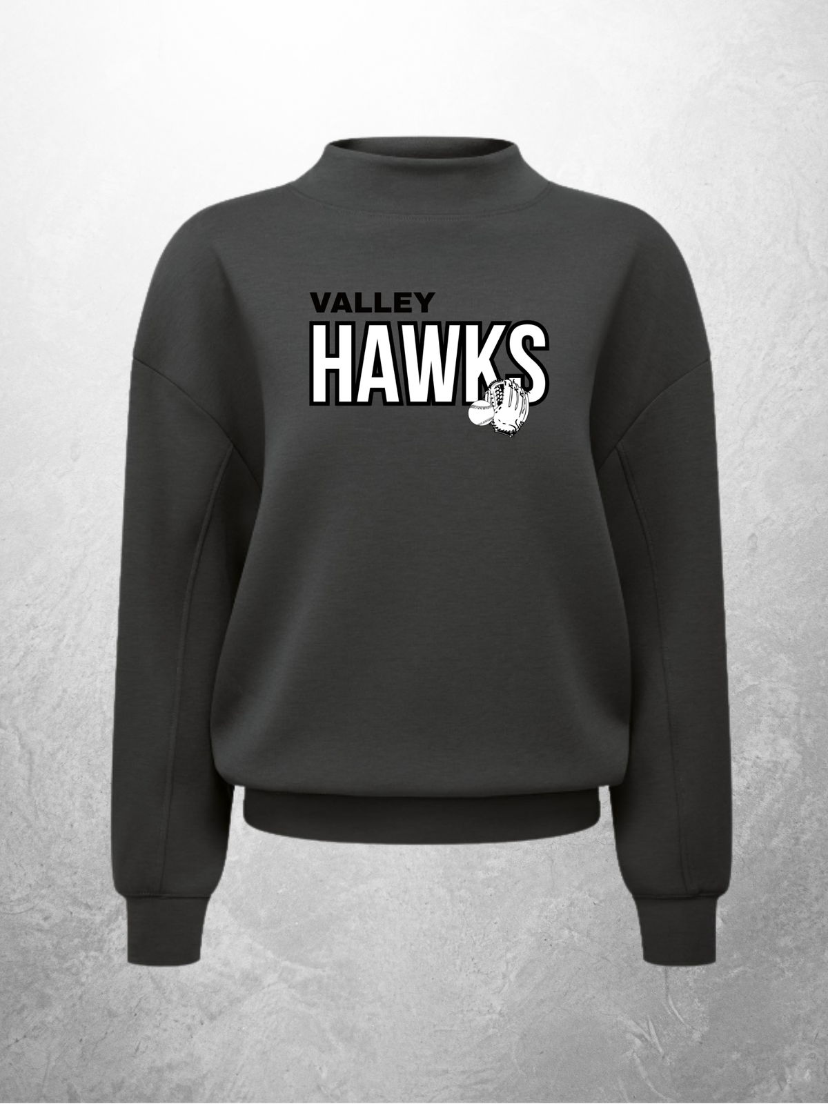 Valley Hawks logo design on charcoal mock neck sweatshirt