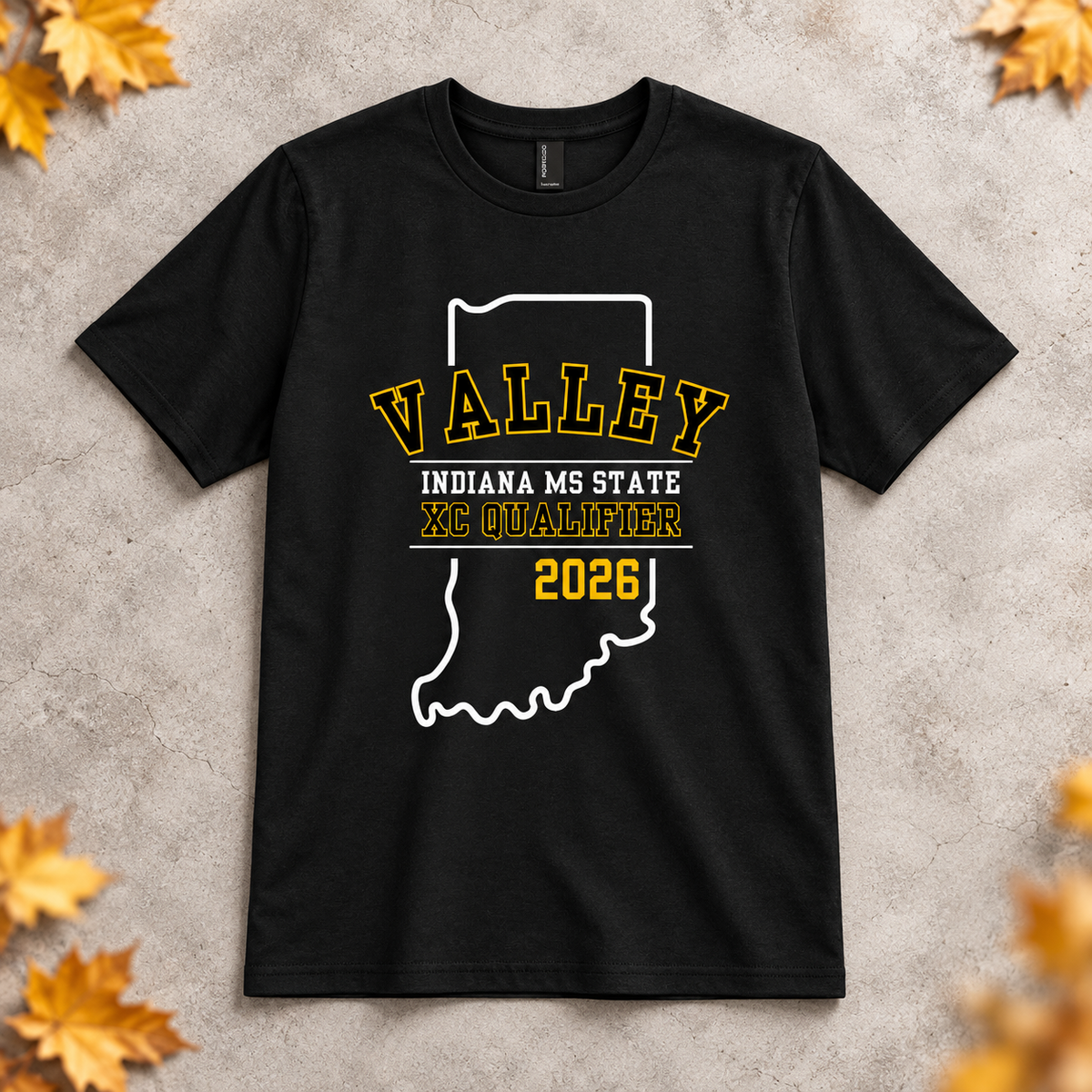 Black Valley 2026 Indiana middle school state XC qualifier shirt on a neutral background with gold autumn leaves